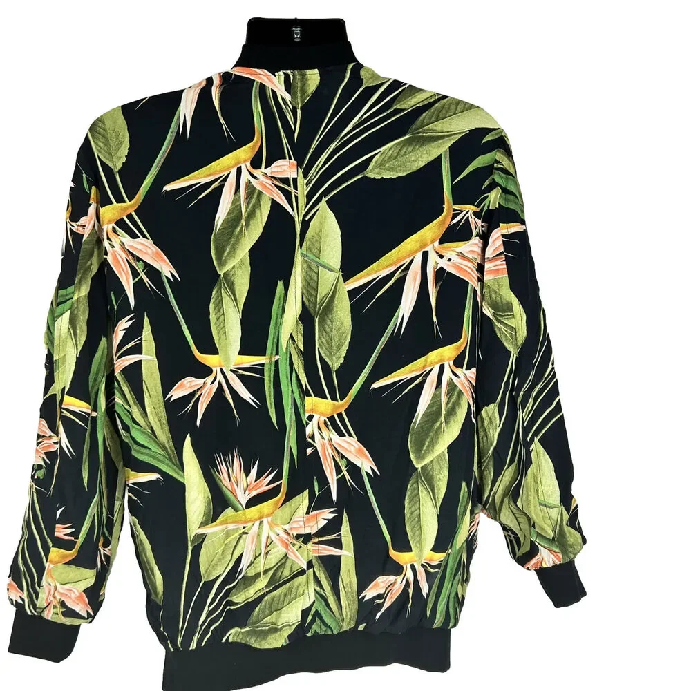 Zara Basic Outerwear Womens Xs Floral Zip Up Bomber Jacket Tropical Oversized - Picture 2 of 10